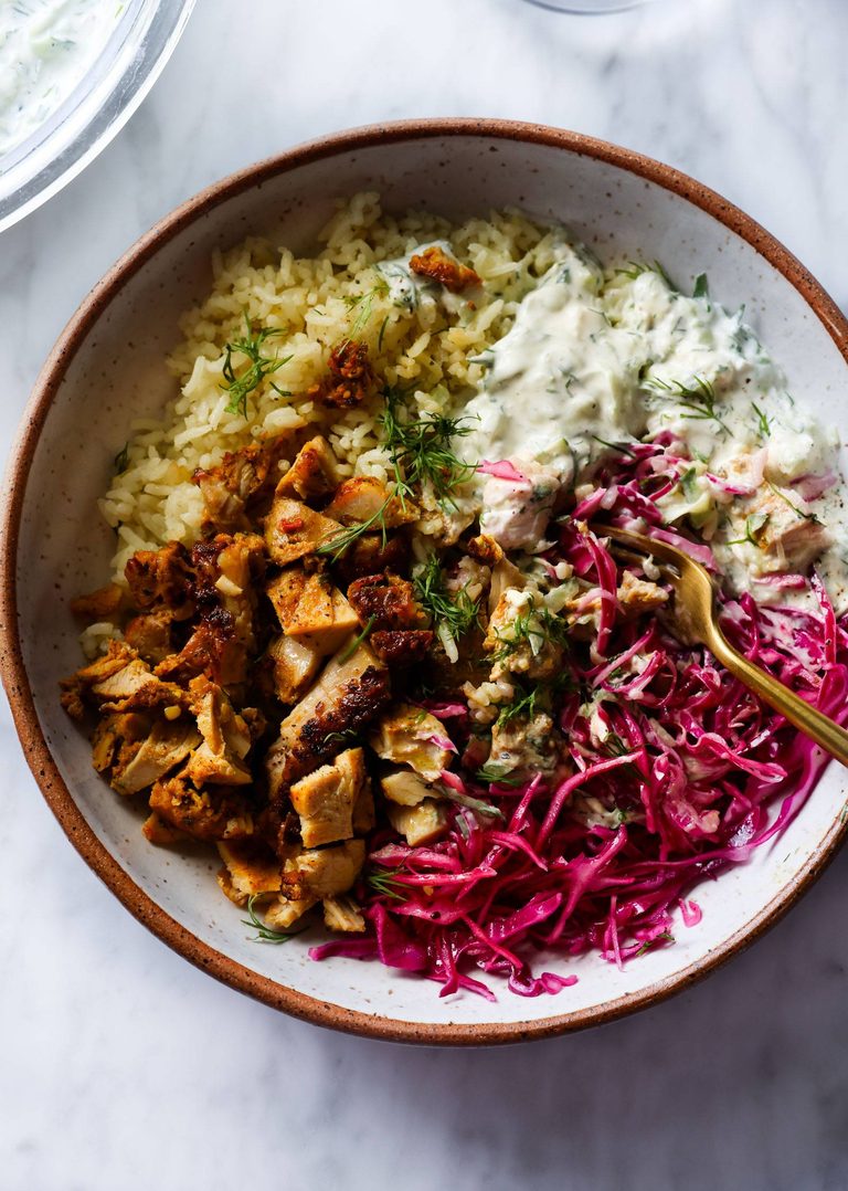 Chicken shawarma with lemon rice, slaw, and tzatziki.