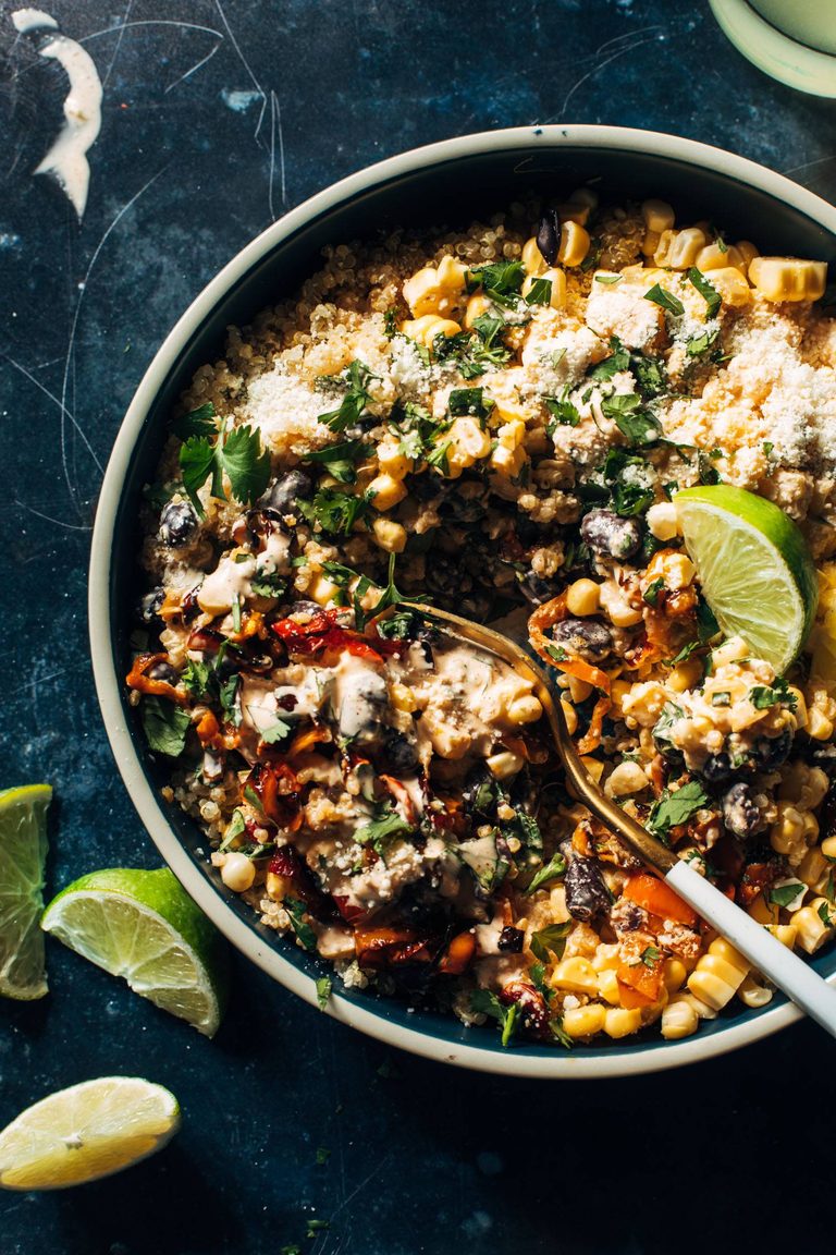 Elote style quinoa salad in a bowl.