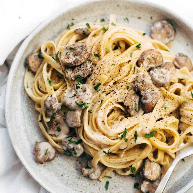 Mushroom Fettuccine on plate with fork.