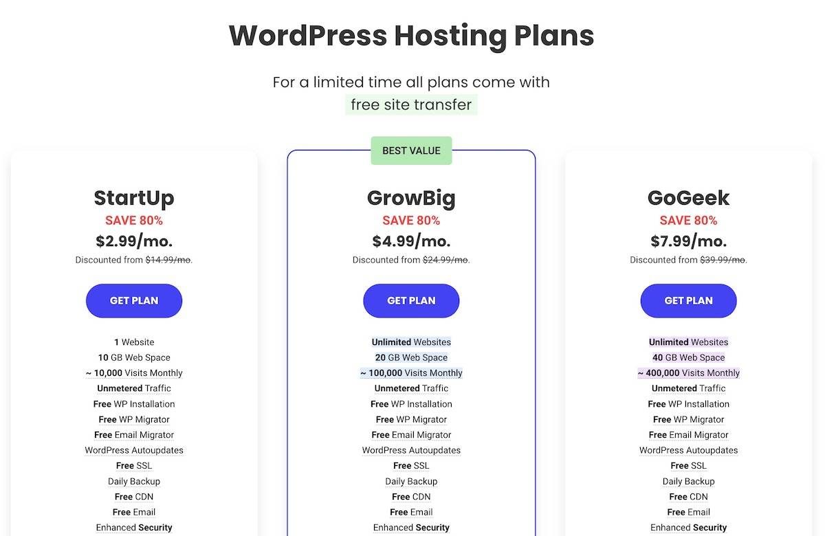 three SiteGround hosting plans and their features